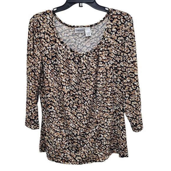 Chico's Women's Vintage Brown Tan Neutral Abstract LS Top USA Made Size 2 (L/12) - Picture 1 of 5